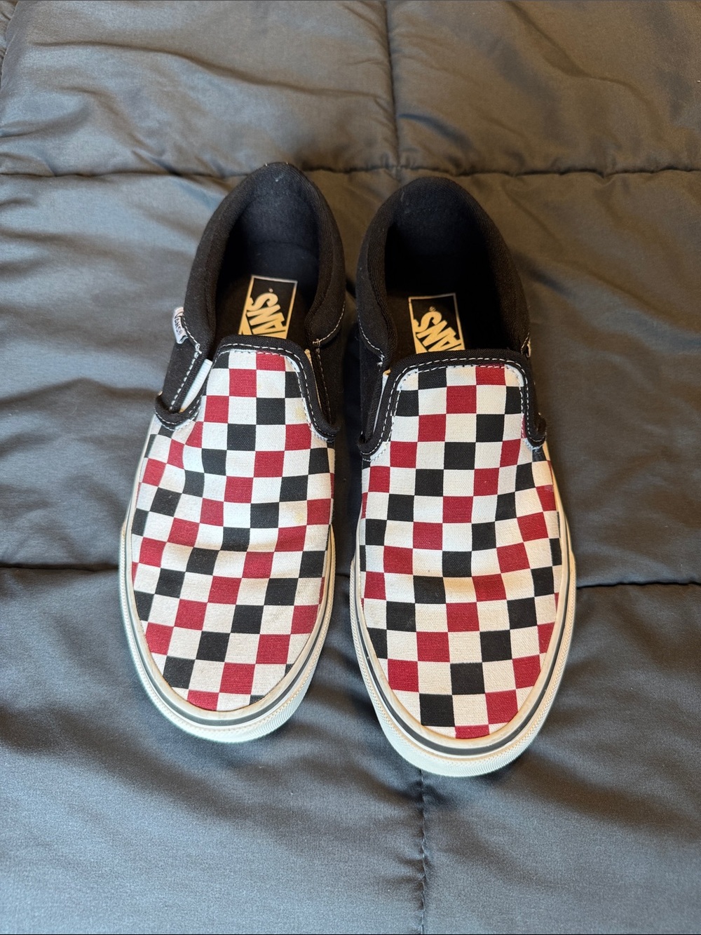 Vans Checkerboard Slip-On Sneakers in Black and Red